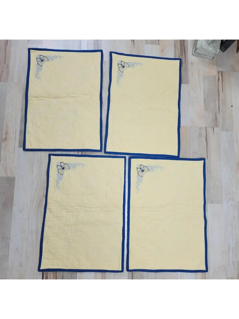 Quilted Placemats Set of 4 Embroidered Butterfly Floral Blue Yellow Handmade